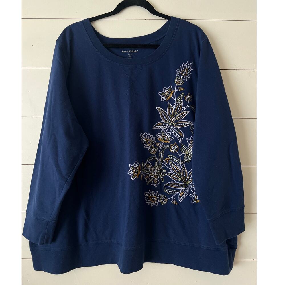 Woman Within Plus Size Navy sweatshirt with tan floral embroidering 3XL